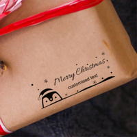Custom Eco Gift Tag Stamp Merry Christmas Penguin 68x23mm,  Customise and order stamps online