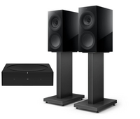 Sonos Wireless Amplifier with KEF R3 Meta Bookshelf speakers black with KEF s3 floor stands slate grey