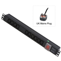 1U 10 Way IEC Sockets,  Horizontal PDU with UK Mains Plug