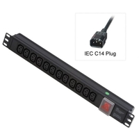 1U 12 Way IEC Sockets,  Horizontal PDU with IEC Mains Cable