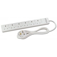 Individually Switched 6 Way UK Mains Power Strip,  White,  2m
