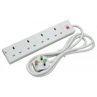 UK Mains 4 Way Gang Socket Power Strip,  White,  2m