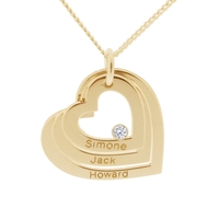 9ct Solid Yellow Gold Engraved Triple Heart Pendant With Diamond & Optional Chain