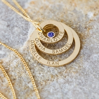 9ct Yellow Gold Plated Engraved Triple Disc Personalised Family Necklace With Sapphire & Optional Chain