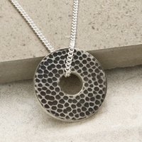 Antique Finish Sterling Silver Textured Circle Disc Pendant With Optional Engraving And Chain