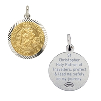 Sterling Silver and Gold Plated 18mm Diamond Cut St Christopher Pendant With Travellers Prayer & Optional Chain