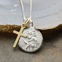 Sterling Silver Diamond Cut 16mm St Christopher With Cross,  Optional Engraving And Chain