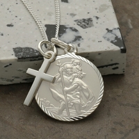 Sterling Silver Diamond Cut 20mm St Christopher & Cross Pendants With Optional Engraving and Chain