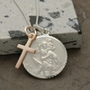 Sterling Silver Diamond Cut 20mm St Christopher Pendant With Rose Gold Plated Cross,  Optional Engraving and Chain