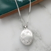 Sterling Silver Flower Pattern Oval Locket with Optional Engraving and Chain