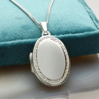 Sterling Silver Oval Locket Set With CZ Crystals,  Optional Engraving & Chain