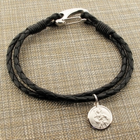 Sterling Silver St Christopher Mens Leather Wrap Two Strand Bracelet