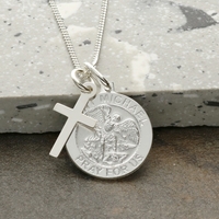 Sterling Silver St Michael Medal With Cross,  Optional Engraving and Chain