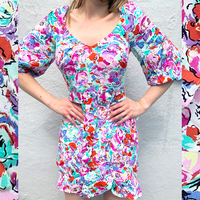 Multi Floral Belted Puff Sleeve Dress
