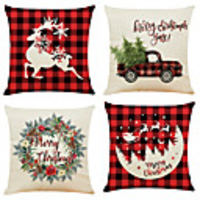 1 Set of 4 pcs Christmas Series Decorative Linen Throw Pillow Cover 18 x 18 inches 45 x 45cm For Home Decoration Christmas Decoration
