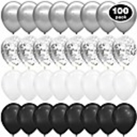 100pcs chrome metallic balloons and silver confetti balloons, 12 inch latex party balloons for wedding engagement birthday party decorations(silverblackwhite)