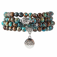 108 mala beads bracelet - genuine gemstone mala prayer beads lotus charm meditation necklace (agate)