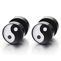 10mm yin-yang stud earrings for men,  illusion tunnel plug screw back,  2pcs