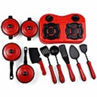 11 pieces of kitchen pretend play toys kitchen gourmet cookware pots and pans premium playset red/white