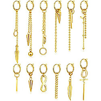 12 pieces hoop dangle ear clips stainless steel hinged ear cuff earring dangle pendant no piercing earrings (gold)