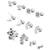12pcs 16g surgical steel helix cartilage tragus stud earrings for women girls,  flower/feather/heart/moon earrings cz inlaid cartilage piercing earrings stud body piercing jewelry silver-tone miniinthebox