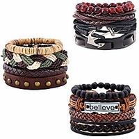 12pcs vintage woven leather bracelets tribal wooden beaded wrist cuff bangle bracelet set for men women (style1)