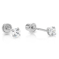14k white gold solitaire cubic zirconia cz stud earrings with secure screw-backs (3mm)