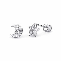 14k white gold star amp; moon stud earrings with screw back