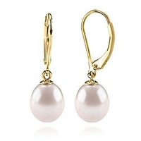 14k yellow gold plated freshwater cultured pearl earrings leverback dangle studs - handpicked aaa quality - 10mm