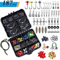 187pcs fishing accessories kit,  including jig hooks,  bullet bass casting sinker weights,  fishing swivels snaps,  sinker slides,  fishing set with tackle box