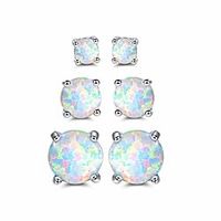 18k white gold plated created opal stud earrings 3 pack set (white)