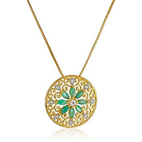 18k yellow gold-plated sterling silver mandala genuine emerald filigree pendant necklace,  18