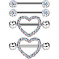 2 pairs stainless steel nipple ring cz barbell rhinestone nipple studs for nipple tougue body piercing,  14 g (ab clolor)