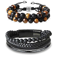 2 pcs tiger eye stone bracelets beaded cuff bracelet bead leather bracelet with 316l stainless steel magnetic-clasp for men