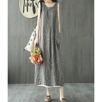 2019 amazon ebay hot sale one-shoulder linen mid-length striped dress loose sleeveless summer women