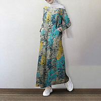 202 cross-border 1 new ethnic style cotton and linen printed muslim style hedging long-sleeved dress long skirt miniinthebox