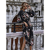 2020 autumn and winter hot style black bottom printed puff sleeve stand-up collar tie bow waist waist dress amazon spot miniinthebox