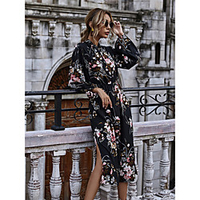 2020 autumn and winter hot style black bottom printed puff sleeve stand-up collar tie bow waist waist dress amazon spot miniinthebox