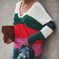 2020 spring and autumn cross-border amazon new commuter ol plus size ripped tassel stitching v-neck sweater sweater women miniinthebox