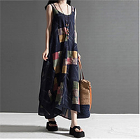 2020 summer new national style fat mm cotton and linen printed sleeveless vest dress mid-length long skirt women