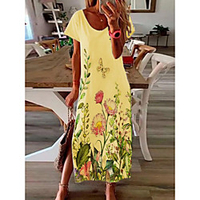 2021 aliexpress amazon summer round neck pullover butterfly peony print short sleeve split long dress miniinthebox