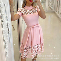 2021 europe and the united states new pink high neck short sleeve hollow flower window dress lzr9147 miniinthebox