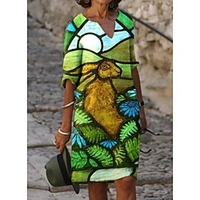 2021 new color matching printed patchwork v-neck loose bamboo retro literary round neck five-point sleeve plus size dress miniinthebox