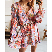 2021 spring and summer new european and american style high waist slimming v-neck puff sleeve design chiffon printed casual dress miniinthebox