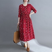 2021 spring new literary large size thin waist long-sleeved dress printed waist mid-length cotton and linen skirt miniinthebox