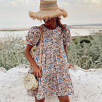 2021 summer new hedging print high waist puff sleeve dress short sleeve short skirt round neck wish amazon miniinthebox