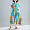 2021 summer new style cotton and linen print wrinkle temperament age-reducing loose and thin mid-length round neck short-sleeved dress miniinthebox
