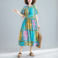 2021 summer new style cotton and linen print wrinkle temperament age-reducing loose and thin mid-length round neck short-sleeved dress miniinthebox