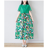 2021 summer new style retro literary fashion printing stitching cotton and linen drawstring loose and thin short-sleeved dress miniinthebox