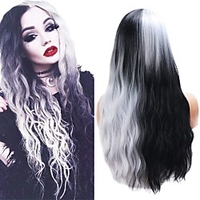 24 inches Black Silver White Long Curly Wavy Wigs Half Black and Half White Synthetic Anime Cosplay Carnival Wigs for Women Girls miniinthebox